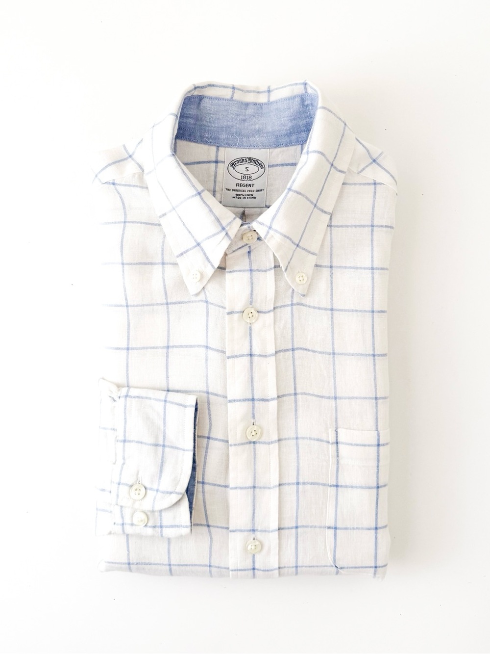 Brooks Brothers White Linen Button Down Shirt Light Blue Windowpane Check S